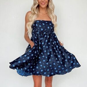 Storia Navy Blue Strapless Mini Dress with Light Blue Floral Print